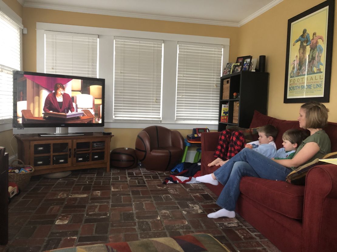 Michelle Krupa, a news editor at CNN Digital, virtually attends Catholic Mass with her sons on Sunday at her alma mater, the University of Notre Dame.