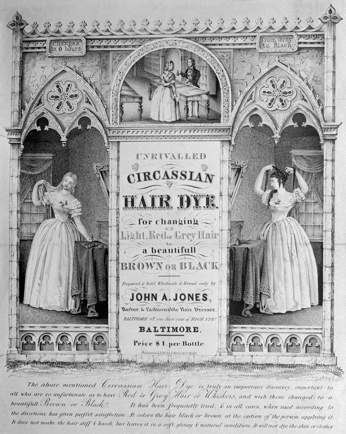 This advertisement for Circassian hair dye published in 1843 promises to change light hair into "beautiful" brown or black.