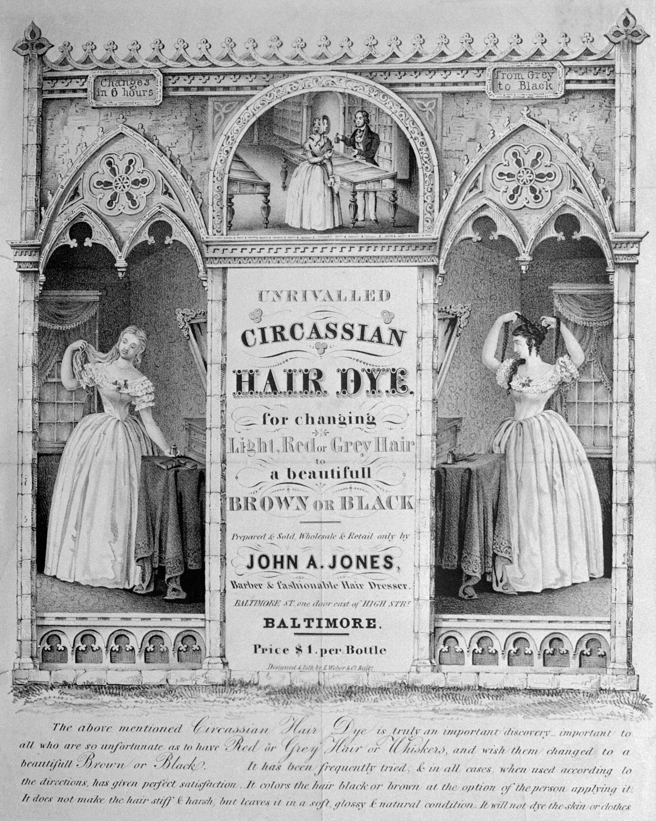 This advertisement for Circassian hair dye published in 1843 promises to change light hair into "beautiful" brown or black.