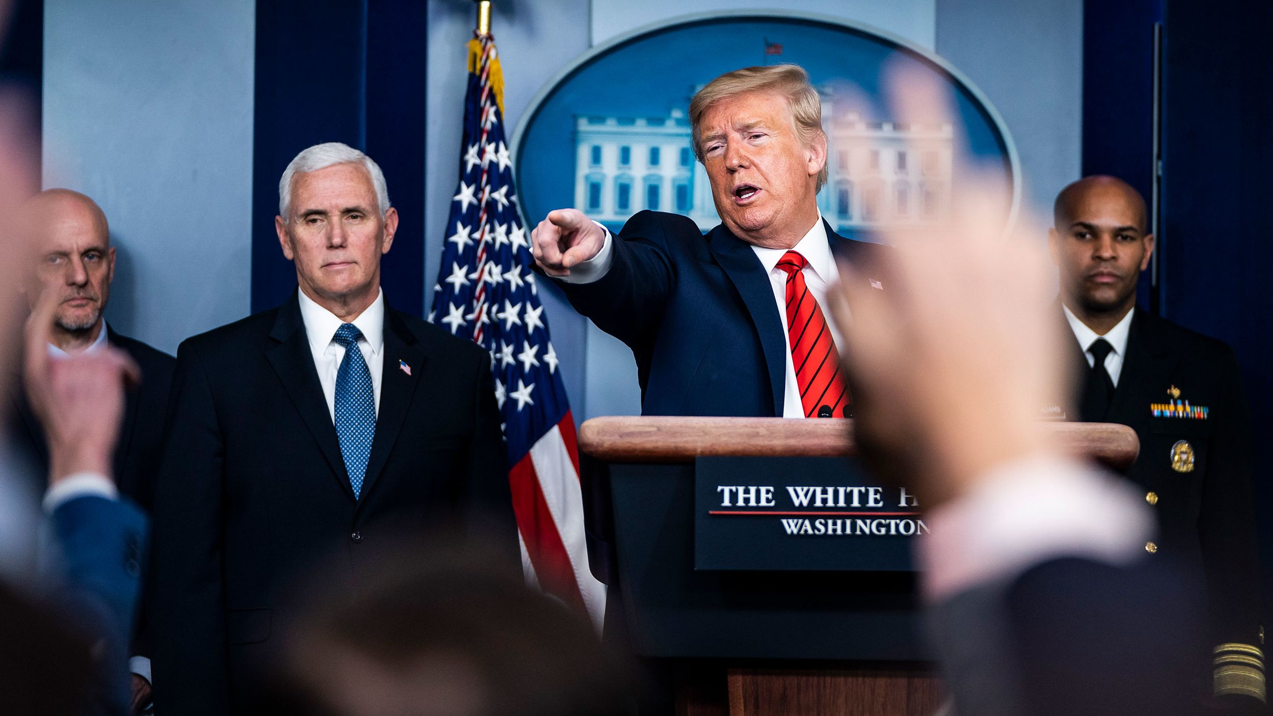 President Donald J. Trump speaks with his coronavirus task force in response to the COVID-19 coronavirus pandemic during a briefing in the James S. Brady Press Briefing Room at the White House on Thursday, March 19, 2020 in Washington, DC.