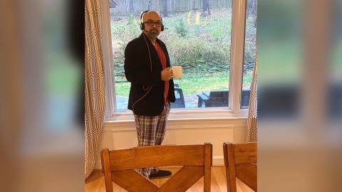 Tasbir Imam works for a tech company in Virginia. He has several video calls a day. His "work-from-home" attire is a blazer or jacket paired with pajama pants and house slippers. 