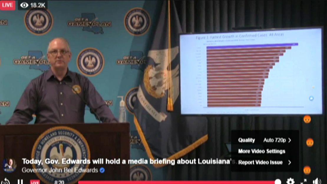 Gov. John Bel Edwards displays graphs comparing the growth rate of coronavirus cases in Louisiana to other places.