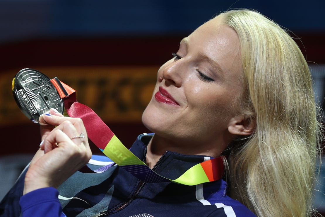 Sandi Morris poses with her silver medal at the World Athletics Championships last year.