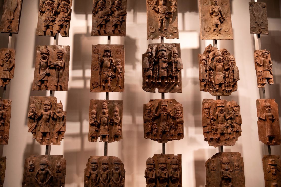 Plaques that form part of the Benin Bronzes are displayed at The British Museum.
