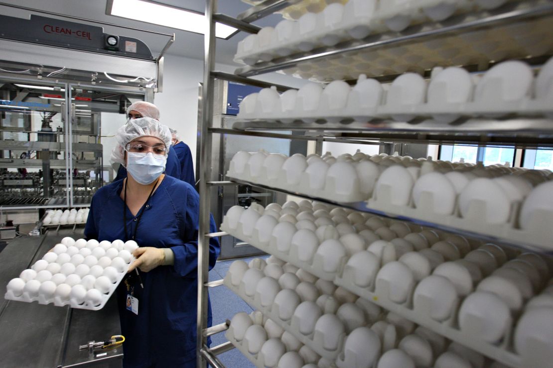 Trays of chicken eggs are loaded onto racks during a demonstration at a Sanofi Pasteur facility in Swiftwater, Pennsylvania in July 2007.