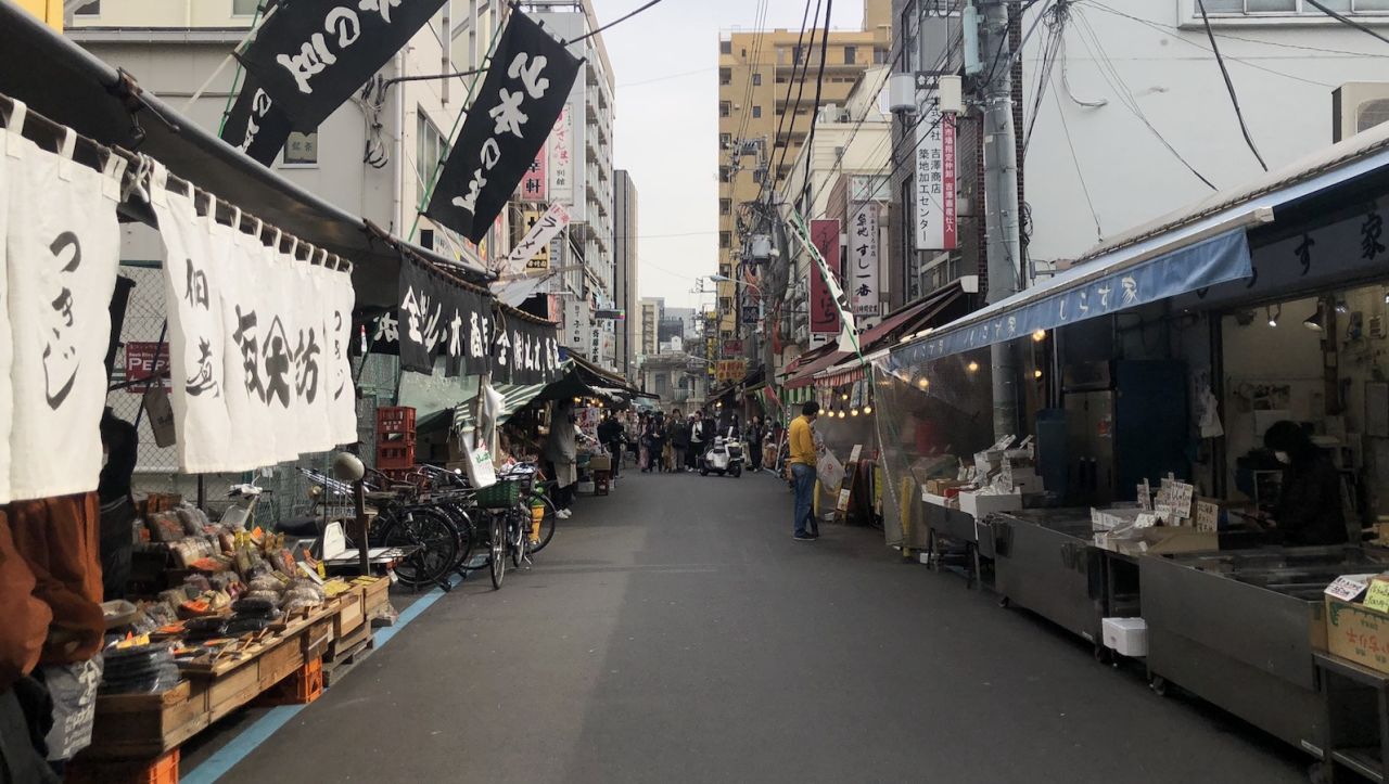 Normally a tourist hotspot, the outer ring of the Tsukiji market sees few visitors these days.  