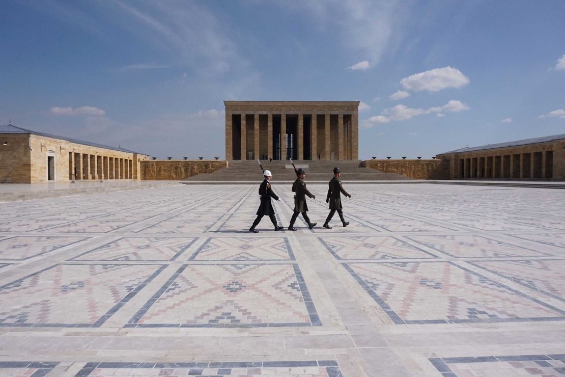 Soldiers walk at the empty mausoleum of the founder of the Turkish Republic Mustafa Kemal Ataturk in Ankara on March 23.