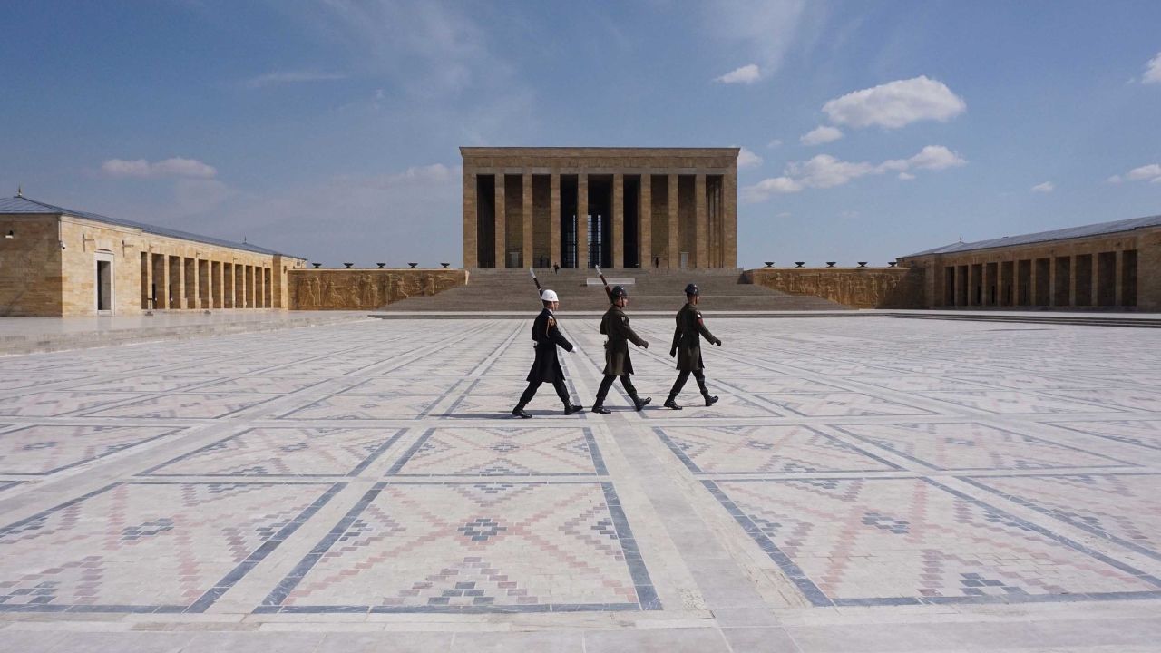 Soldiers walk at the empty mausoleum of the founder of the Turkish Republic Mustafa Kemal Ataturk in Ankara on March 23.