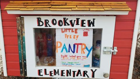 Brookview Elementary's Little Free Library has turned into a Little Free Pantry. 