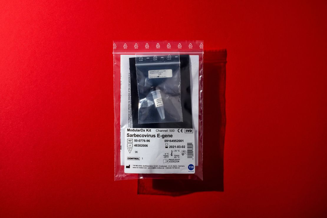 The test kit Olfert Landt designed, displayed at his production facility in Berlin, Germany, on March 6, 2020.