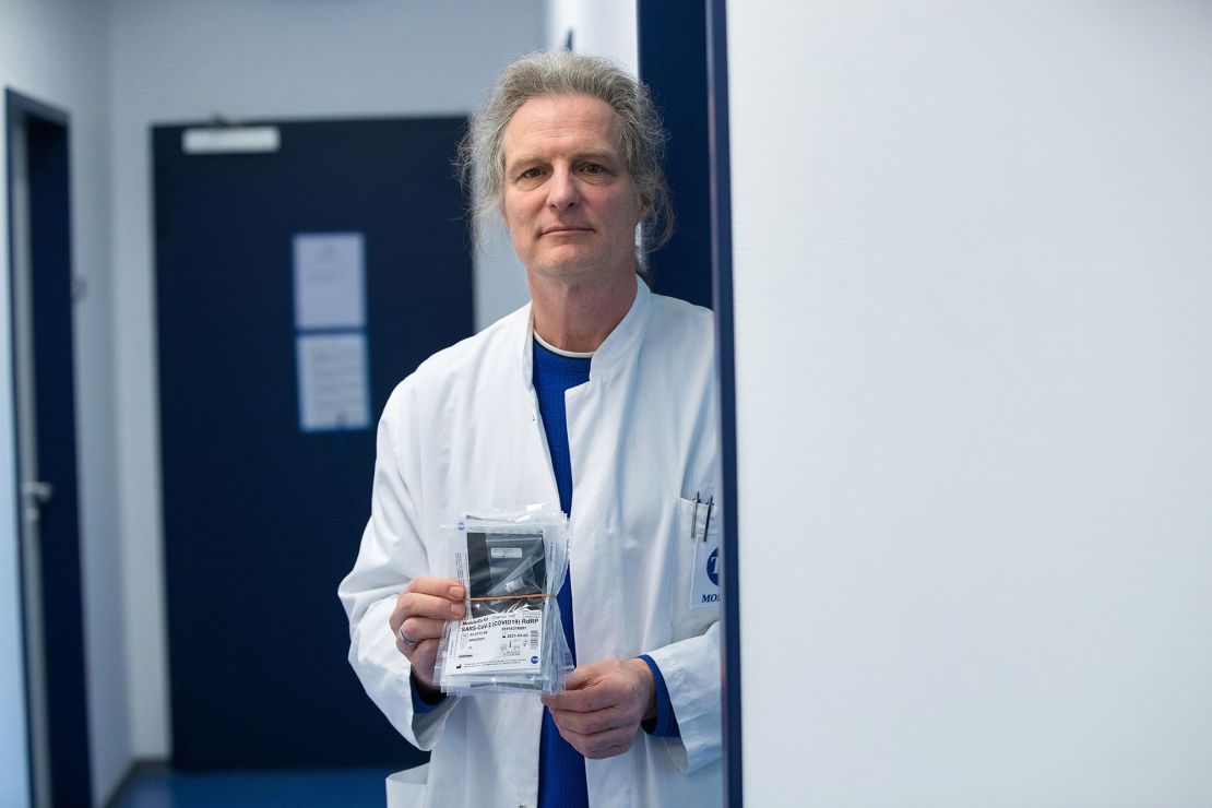 Olfert Landt with his coronavirus diagnostic test kit at his production facility in Berlin, Germany, on March 6, 2020.