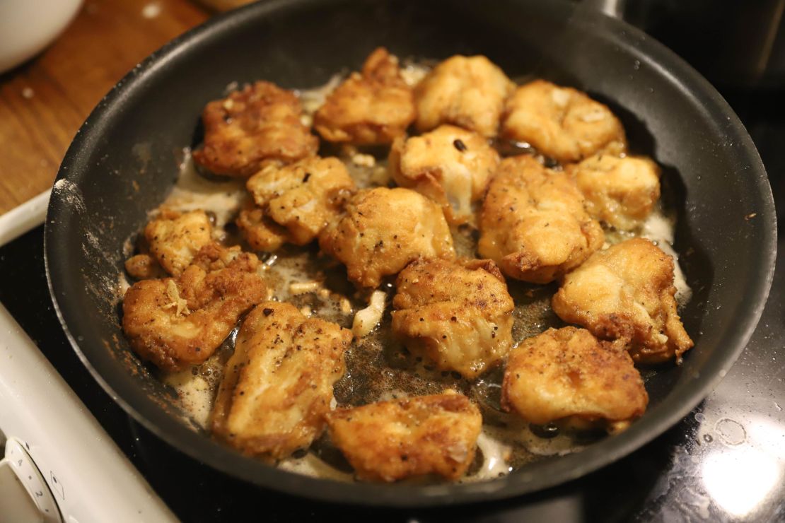 The traditional cod tongue preparation is dipped in flour, lightly fried.