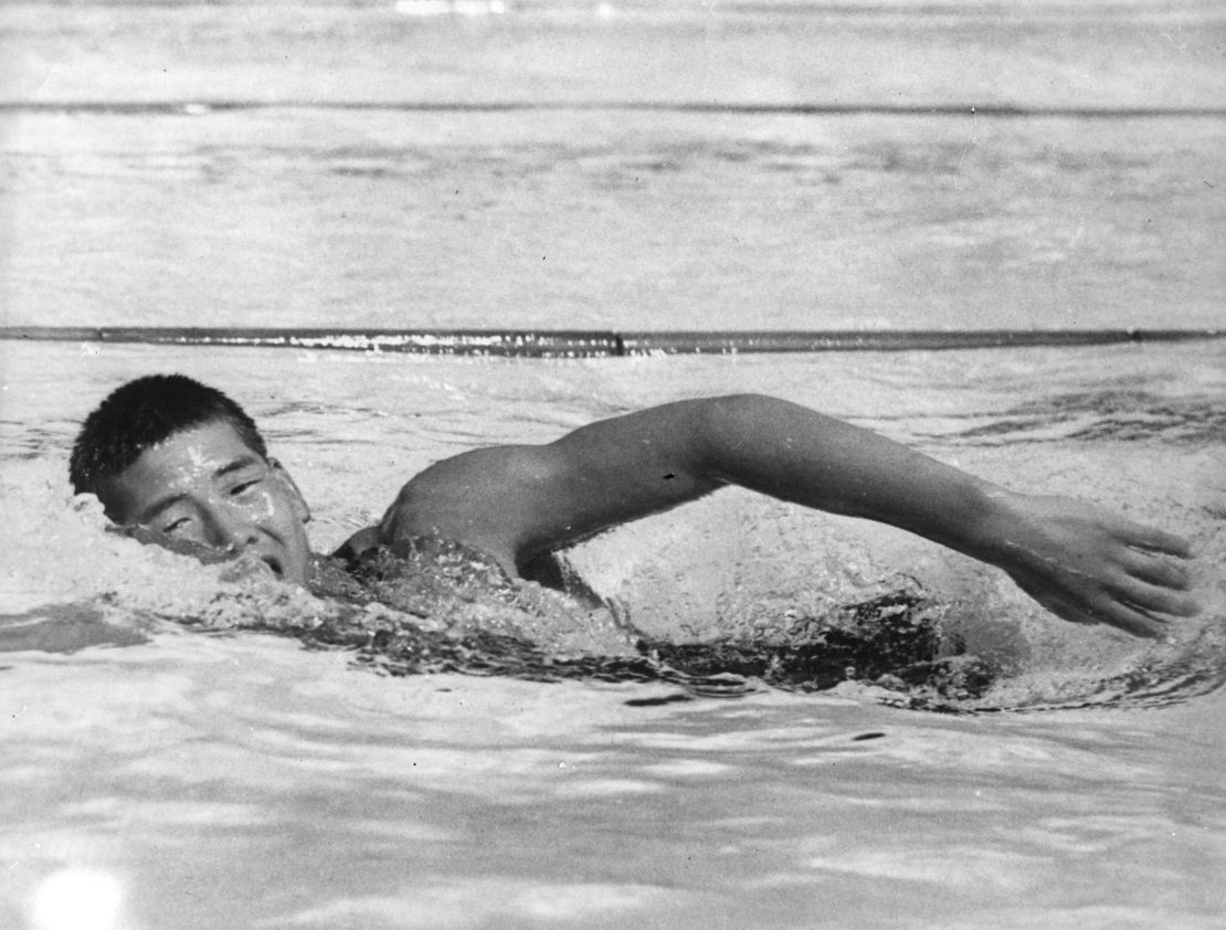 Yasuji Myiazaki of Japan on his way to a gold medal in the 100m freestyle swimming event at the 1932 Los Angeles Olympics. The 15-year-old set a new Olympic record of 58.0 seconds in the semi-final.  (Photo by Keystone/Getty Images)