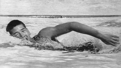 Yasuji Myiazaki of Japan on his way to a gold medal in the 100m freestyle swimming event at the 1932 Los Angeles Olympics. The 15-year-old set a new Olympic record of 58.0 seconds in the semi-final.  (Photo by Keystone/Getty Images)