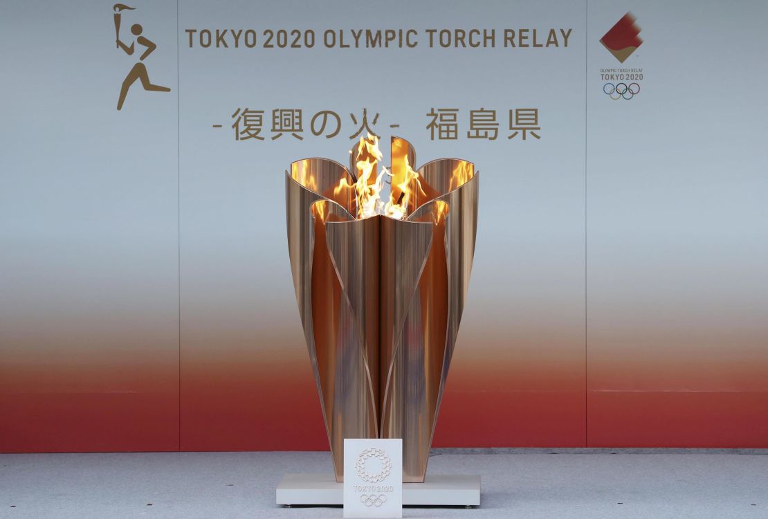 Photo taken March 24, 2020, shows the flame for this year's Tokyo Olympics exhibited in Fukushima.  (Photo by Kyodo News via Getty Images)