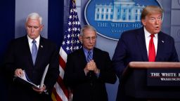 Vice President Mike Pence and Dr. Anthony Fauci, director of the National Institute of Allergy and Infectious Diseases, listen as President Donald Trump speaks about the coronavirus in the James Brady Briefing Room, Tuesday, March 24, 2020, in Washington. (AP Photo/Alex Brandon)