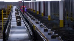 Orders move down a conveyor belt at the 855,000-square-foot Amazon fulfillment center in Staten Island, one of the five boroughs of New York City, on February 5, 2019. 