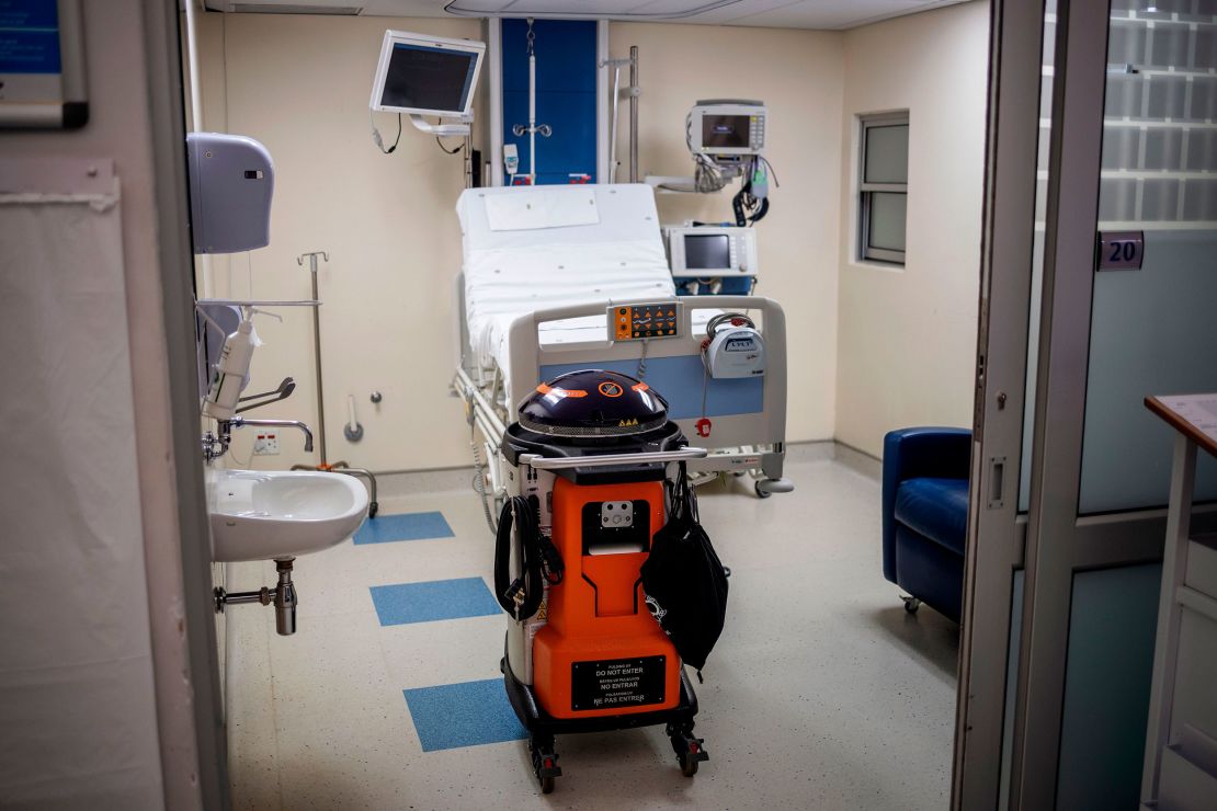 An ultraviolet (UV) pulse lights disinfecting robot is seen at the Netcare Sunninghill Hospital in Johannesburg, South Africa.