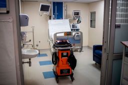 An ultraviolet (UV) pulse lights disinfecting robot is seen at the Netcare Sunninghill Hospital in Johannesburg, South Africa.