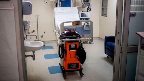 An ultraviolet (UV) pulse lights disinfecting robot is seen at the Netcare Sunninghill Hospital in Johannesburg, South Africa.