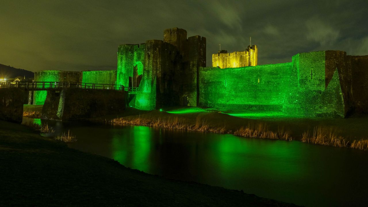 <strong>Caerphilly Castle, UK: </strong>St Patrick's Day parades around the world were canceled this year, but South Wales' Caerphilly Castle was able to mark the occasion with a display of green. <br />