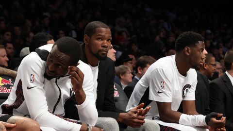 Kevin Durant #7 of the Brooklyn Nets looks on against the Milwaukee Bucks during their game at Barclays Center on January 18, 2020 in New York City. 