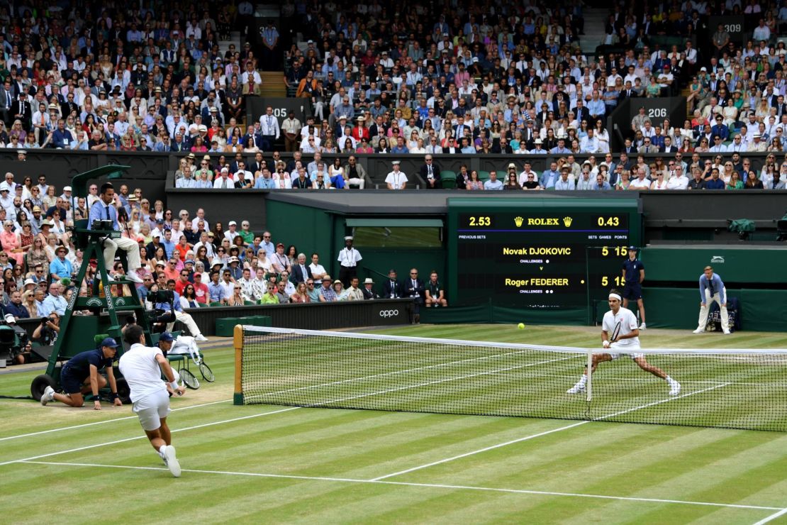 Novak Djokovic plays Roger Federer in the final of the Men's Singles at Wimbledon on July 14, 2019.