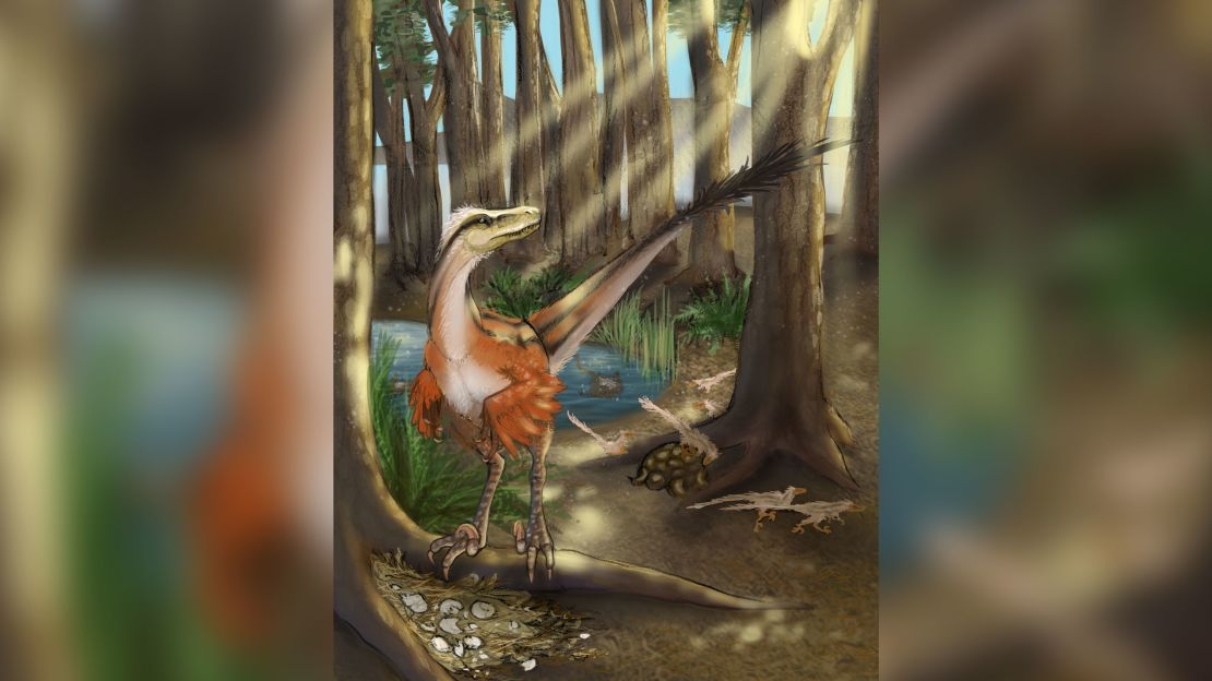 Dineobellator is shown in its diverse ecosystem, along with a nest.