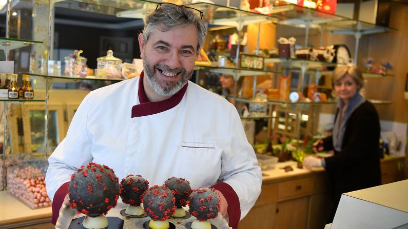 <strong>Chocolate creation: </strong>Pastry chef and chocolatier Jean-François Pré is offering coronavirus Easter eggs at his shop in Brittany, northwest France.