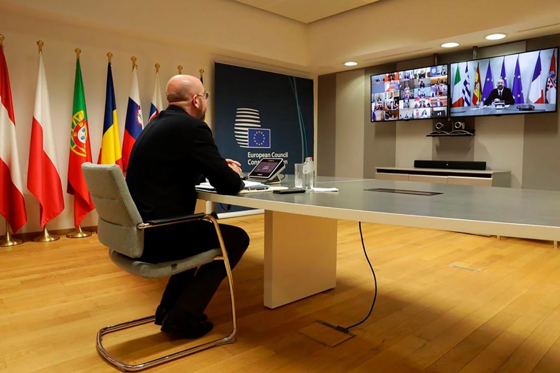 In this photo from his Twitter, the President of the European Council Charles Michel participates in a video call of world leaders from the Group of 20 and other international bodies and organizations, Thursday, March 26, 2020.