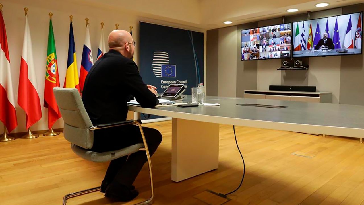 In this photo from his Twitter, the President of the European Council Charles Michel participates in a video call of world leaders from the Group of 20 and other international bodies and organizations, Thursday, March 26, 2020.