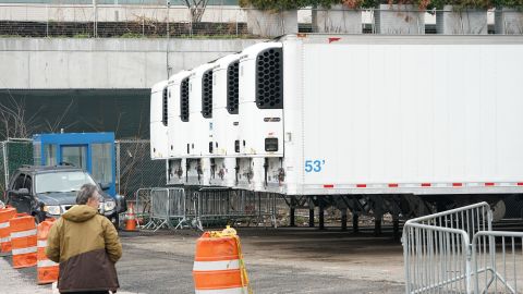 Refrigeration trucks at a makeshift morgue outside Bellevue Hospital in Manhattan.