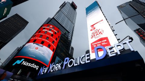 NEW YORK, NY - MARCH 19:  A view of the New York City Police Department is seen adjacent to NASDAQ in Times Square during the coronavirus outbreak.