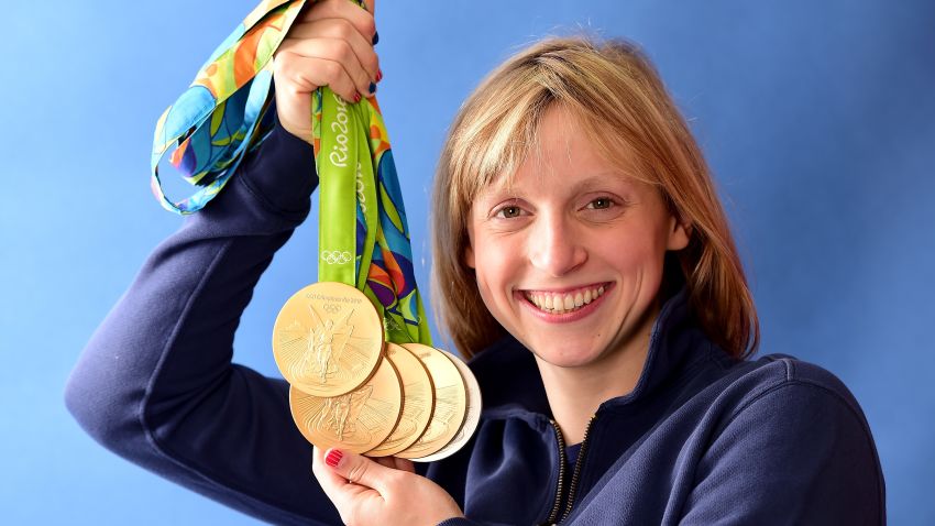 RIO DE JANEIRO, BRAZIL - AUGUST 13:  (BROADCAST - OUT) Swimmer, Katie Ledecky of the United States poses for a photo with her five medals on the Today show set on Copacabana Beach on August 13, 2016 in Rio de Janeiro, Brazil.  (Photo by Harry How/Getty Images)