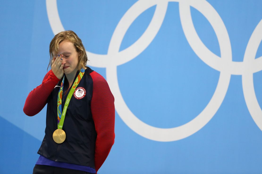 Ledecky celebrates after winning gold in the Women's 800m Freestyle final at Rio 2016.