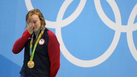 Ledecky celebrates after winning gold in the Women's 800m Freestyle final at Rio 2016.