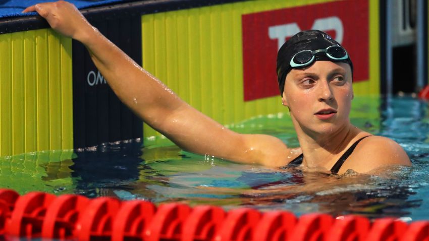 DES MOINES, IOWA - MARCH 05: Katie Ledecky looks on after competing in the 400m Freestyle heats on Day Two of the TYR Pro Swim Series at Des Moines on March 05, 2020 at the MidAmerican Energy Aquatic Center at the Wellmark YMCA in Des Moines, Iowa. (Photo by Maddie Meyer/Getty Images)