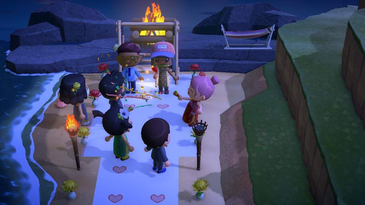 Sharmin Asha and Nazmul Ahmed gather for a virtual wedding in Nintendo's "Animal Crossing," surrounded by friends.