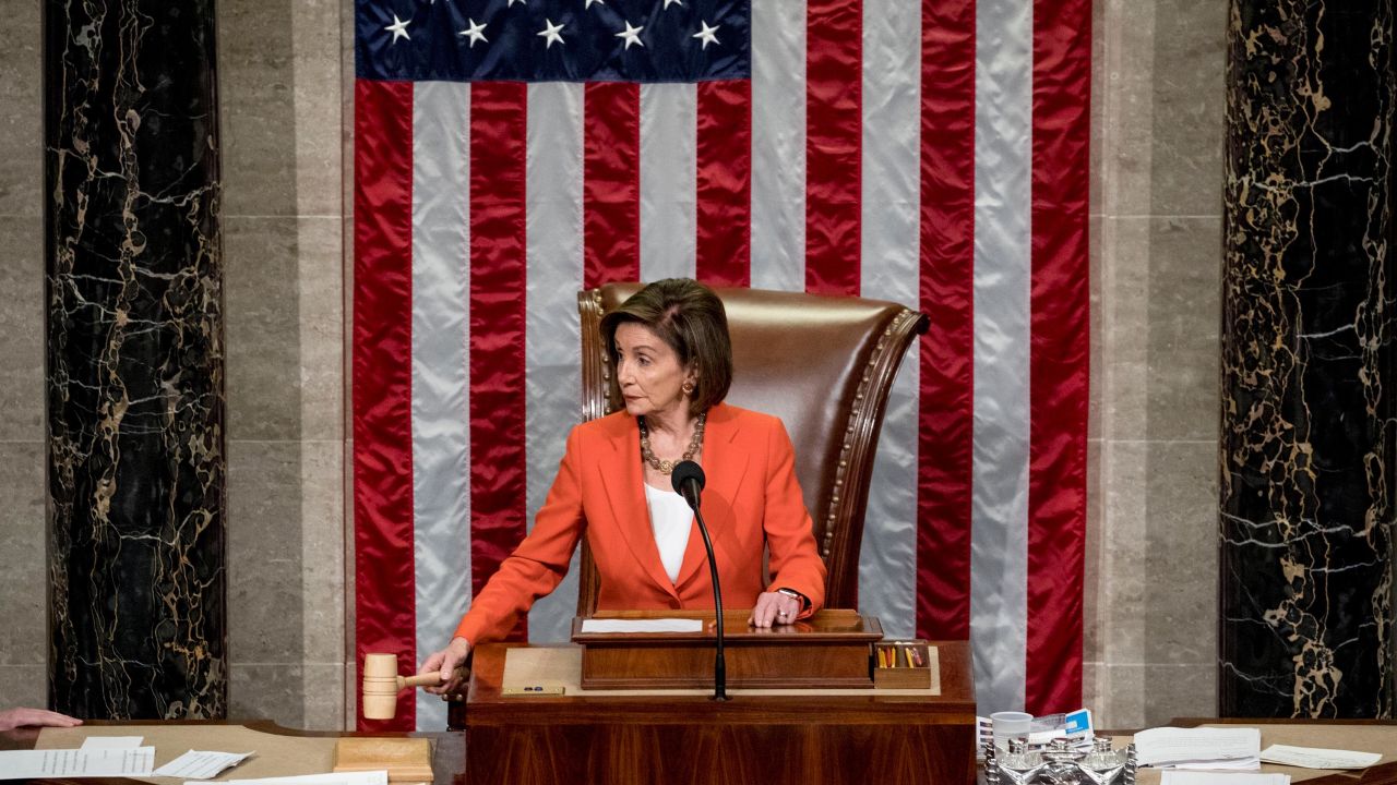 House Speaker Pelosi gavels as the House votes 232-196 to pass a resolution on impeachment procedure to move forward into the next phase of the impeachment inquiry into President Trump on October 31, 2019.