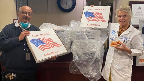 St. John's Riverside Hospital received 80 pizzas from the Clintons on Wednesday. 