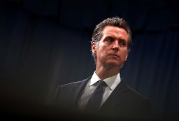 California Gov. Gavin Newsom looks on during a news conference with California attorney General Xavier Becerra at the California State Capitol on August 16, 2019 in Sacramento, California.