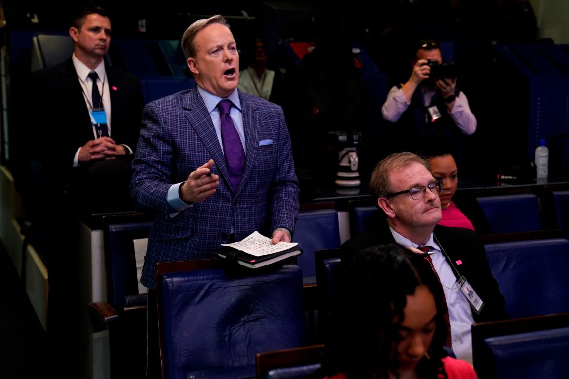 Former White House press secretary Sean Spicer, now a reporter for Newsmax, <a href="https://www.cnn.com/2020/03/20/politics/sean-spicer-briefing-room-coronavirus/index.html" target="_blank">attends the White House coronavirus briefing</a> on Friday, March 20.