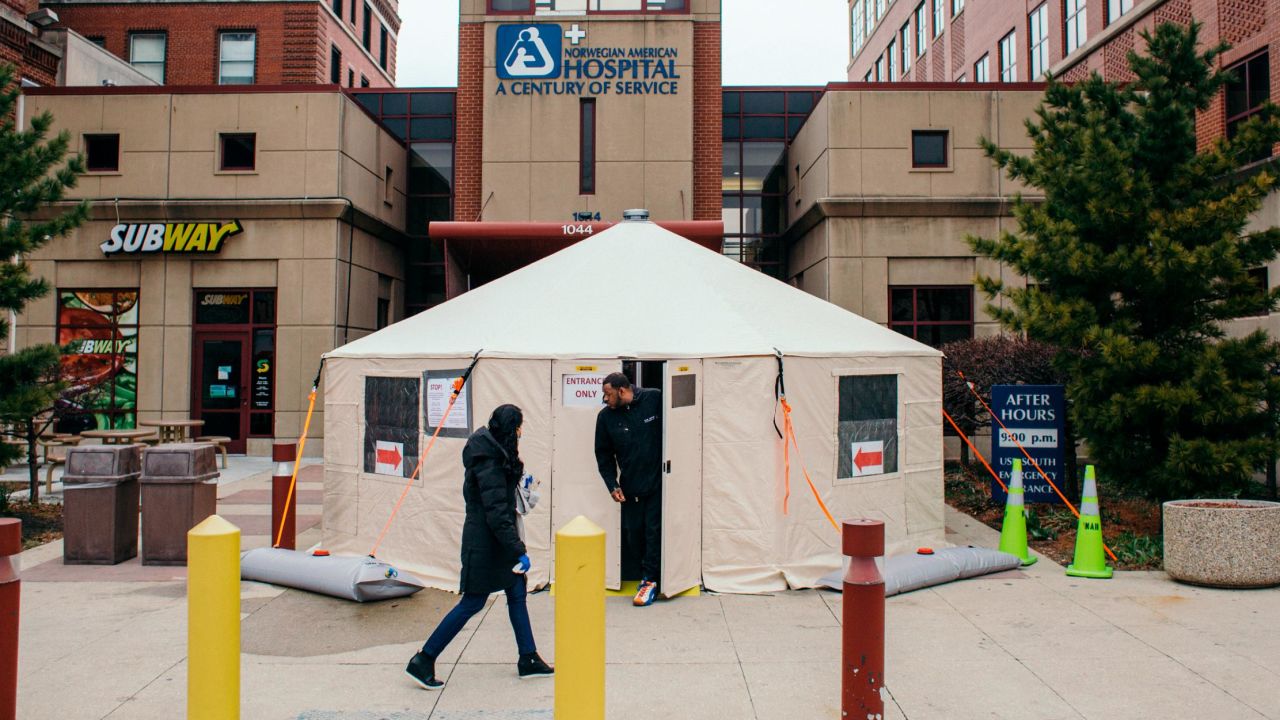 A Covid-19 testing tent outside of Norwegian American Hospital in Chicago on March 26, 2020.