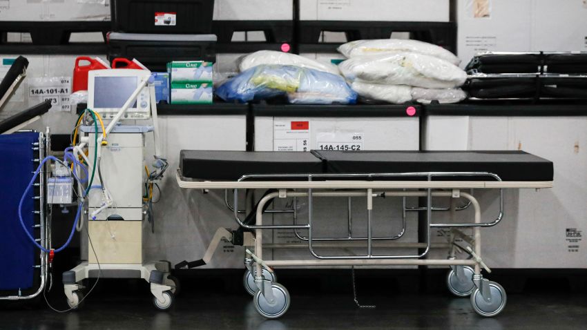 Medical supplies are displayed before a news conference with New York Gov. Andrew Cuomo at the Jacob Javits Center, Monday, March 23, 2020, in New York. New York City hospitals are just 10 days from running out of "really basic supplies," Mayor Bill de Blasio said late Sunday. De Blasio has called upon the federal government to boost the city's quickly dwindling supply of protective equipment. The city also faces a potentially deadly dearth of ventilators to treat those infected by the coronavirus. (AP Photo/John Minchillo)