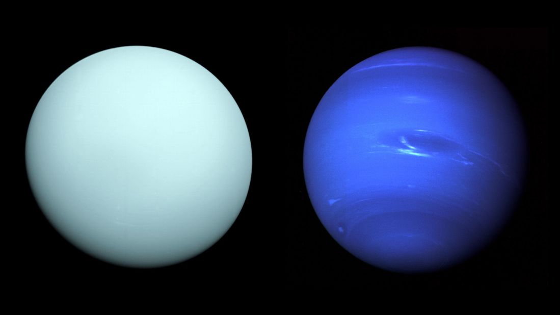 NASA's Voyager 2 spacecraft visited Uranus (left) in 1986 and Neptune (right) in 1989.