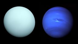 Left: Arriving at Uranus in 1986, Voyager 2 observed a bluish orb with subtle features. A haze layer hid most of the planet's cloud features from view. Right: This image of Neptune was produced from Voyager 2 and shows the Great Dark Spot and its companion bright smudge.
Credits: Left: NASA/JPL-Caltech - Right: NASA