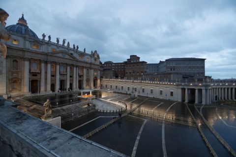 Pope Francis prays in an empty St. Peter's Square on March 27, 2020.