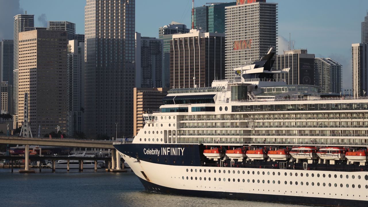 The Celebrity Infinity Cruise ship, wholly owned subsidiary of Royal Caribbean Cruises Ltd, returns to Port Miami from a cruise in the Caribbean as the world deals with the coronavirus outbreak on March 14, 2020 in Miami, Florida. 