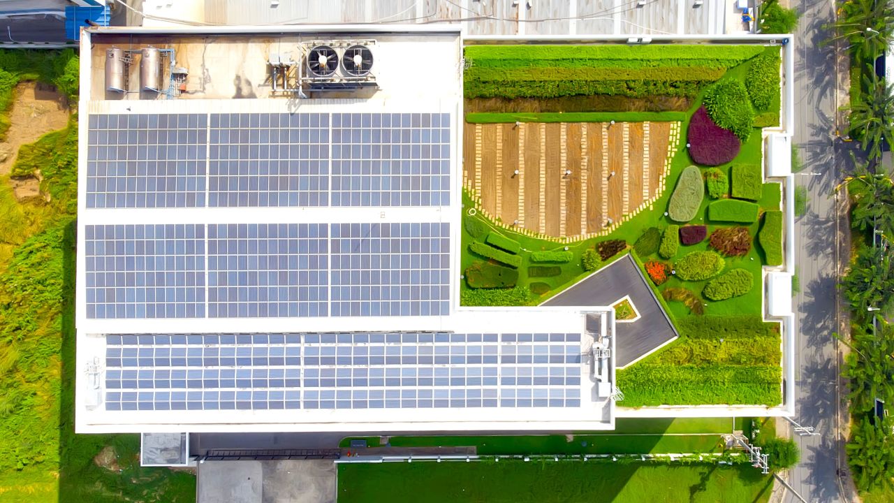 DBW from the air. The roof is fitted out with solar panels and a garden, and is painted with light-reflecting paint. 