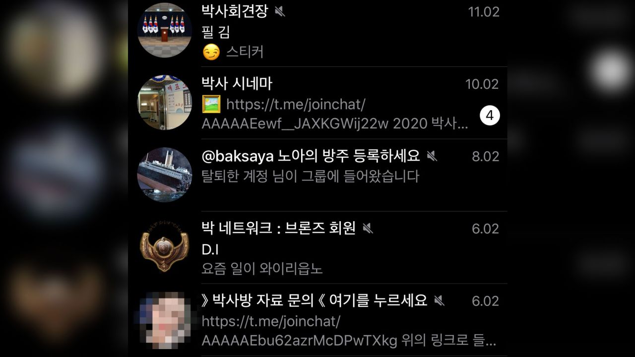 The screen capture image shows various Telegram chat rooms allegedly operated by Cho.